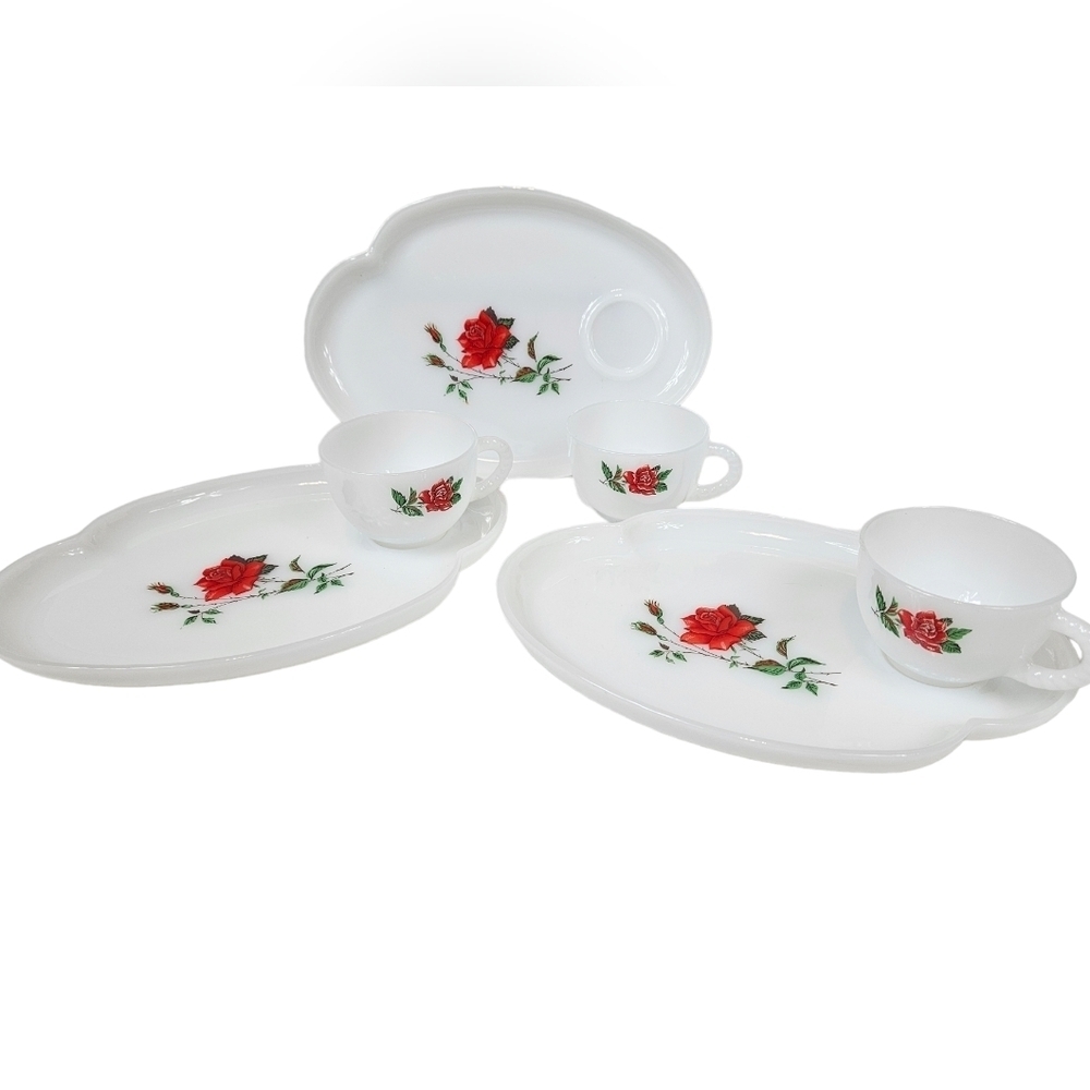 Vintage 6 Piece Federal Milk Glass Rosecrest Snack Tray‎ Set Tea Party Hostess